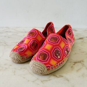 TORY BURCH Vivid Orange Octagon Sq Cecily Embellished Espadrille Flats - US 6.5